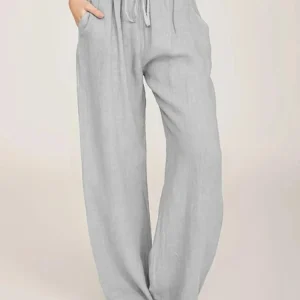 Pantalon en coton et lin pour femmes, couleur unie, décontracté, poches à taille élastique, jambes larges, mode dames, pantalon droit, été et automne