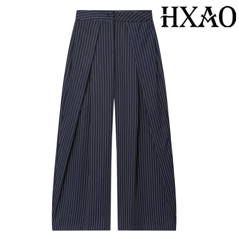 HXAO femmes pantalons Baggy pantalons larges pour femme minimaliste plissé rayure pantalons décontractés femmes bureau vert surdimensionné costume pantalon – Image 2