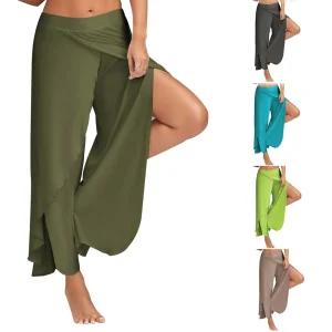 Femmes grande taille pantalon à jambes larges ample Fitness danse Yoga pantalon fendu femme élastique Wasit décontracté entraînement solide vêtements d'été