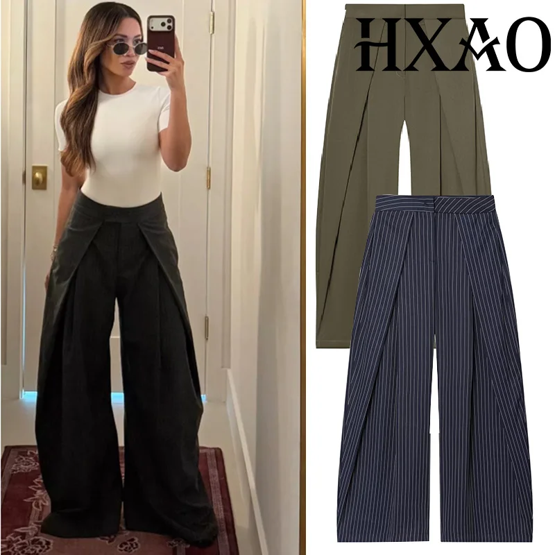 HXAO femmes pantalons Baggy pantalons larges pour femme minimaliste plissé rayure pantalons décontractés femmes bureau vert surdimensionné costume pantalon