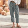 Pantalon décontracté pour femme en coton et lin, couleur unie, coupe ample, avec poches boutonnées, respirant, style basique et tendance