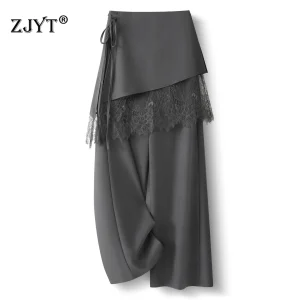 Pantalon large élégant en dentelle patchwork pour femme ZJYT, style coréen, gris et noir, idéal pour le quotidien