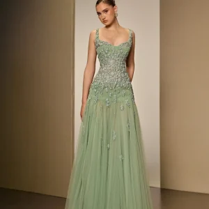 Robe de soirée vert sauge ornée de perles florales, décolleté cœur, en tulle, coupe trapèze, pour invitées de mariage, robe de bal formelle