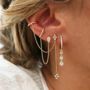 Boucles d'oreilles pendantes en acier inoxydable pour femmes, chaîne de couleur or, pendentif en zircone, Clip, accessoires bijoux de fête de vacances